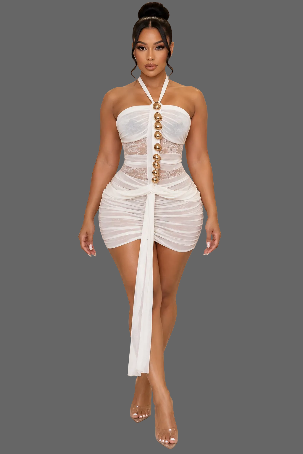 Golden Goddess Ruched Mini Dress